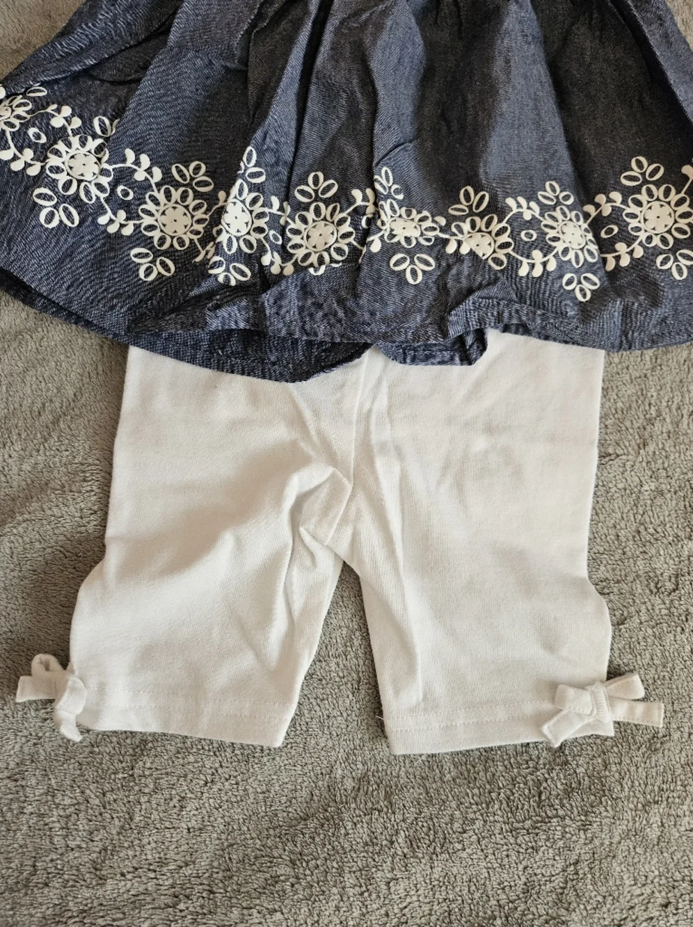 healthtex Blue Chambray Floral Embroidered Tank Top and White Leggings Set